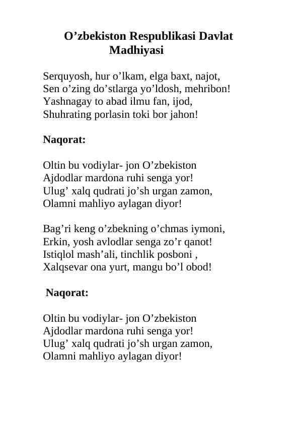 o'zbekiston davlat madhiyasi