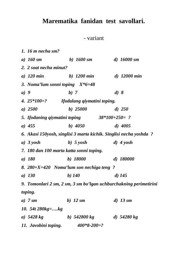 Marematika fanidan boshlang'ich sinf uchun  test  savollari.