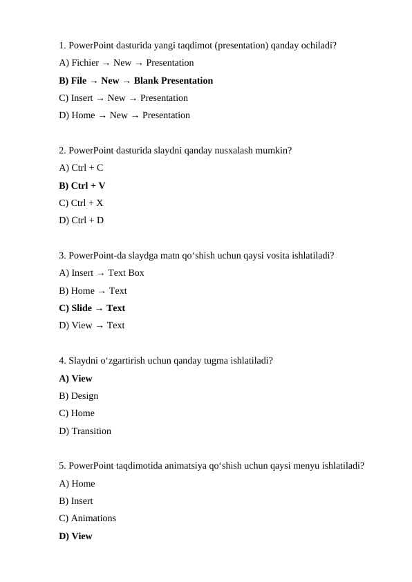 Power Point dasturiga oid 15 talik test savolar