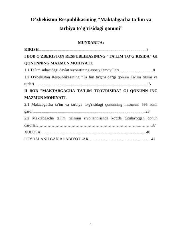 O’zbekiston Respublikasining “Maktabgacha ta’lim va tarbiya to’g’risidagi qonuni”