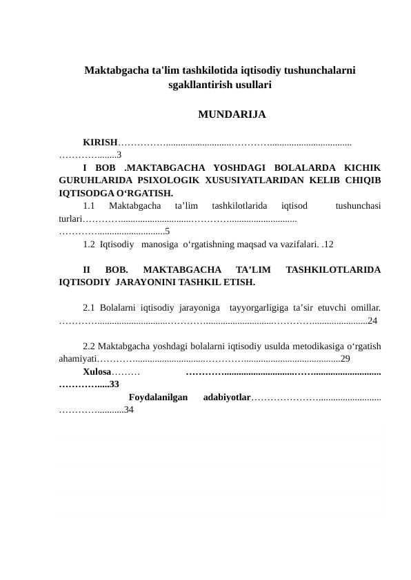 Maktabgacha ta'lim tashkilotida iqtisodiy tushunchalarni sgakllantirish usullari