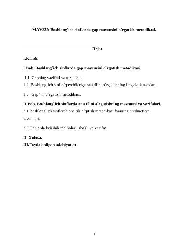 Boshlang`ich sinflarda gap mavzusini o`rgatish metodikasi .