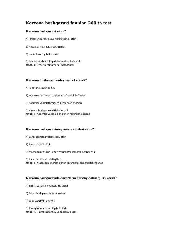 Korxona Boshqaruvi fanidan 200 ta test javoblari bilan