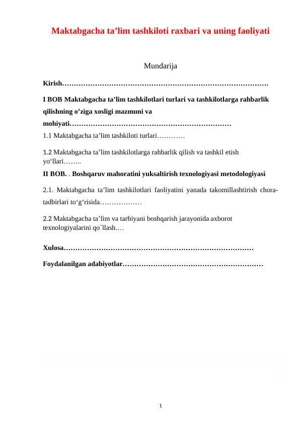 Maktabgacha ta’lim tashkiloti raxbari va uning faoliyati