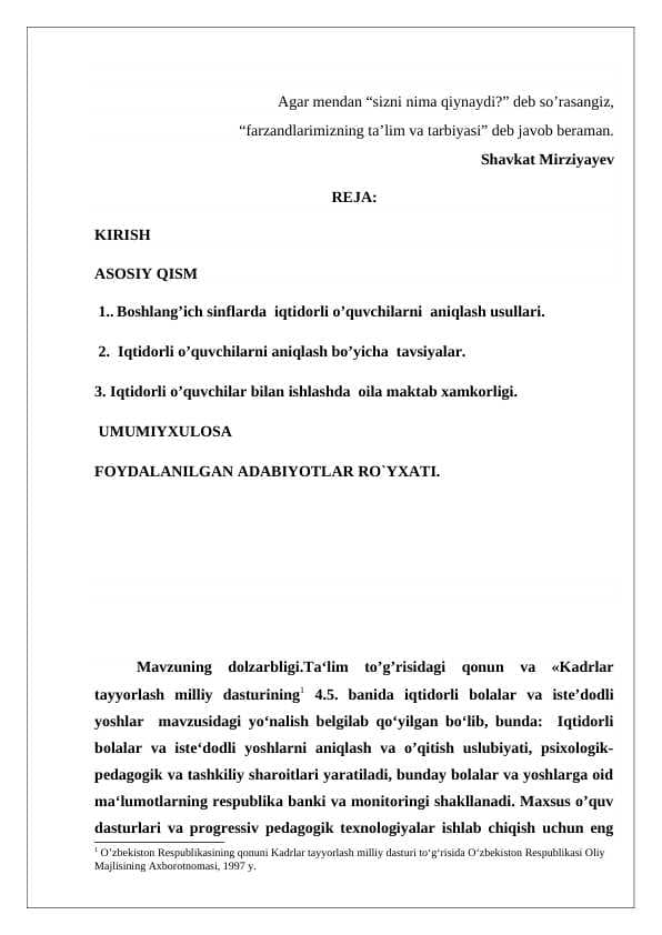 Boshlang’ich sinflarda  iqtidorli o’quvchilarni  aniqlash