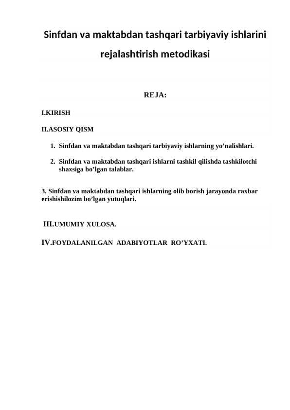 Sinfdan va maktabdan tashqari tarbiyaviy ishlarini rejalashtirish metodikasi