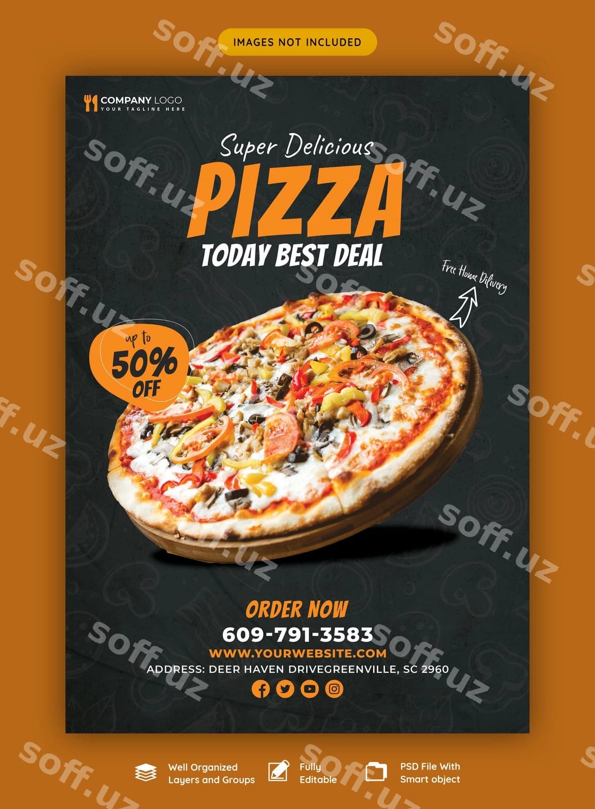Mazali pizza varaqasi shabloni, taom menyusi | Food menu delicious pizza flyer template