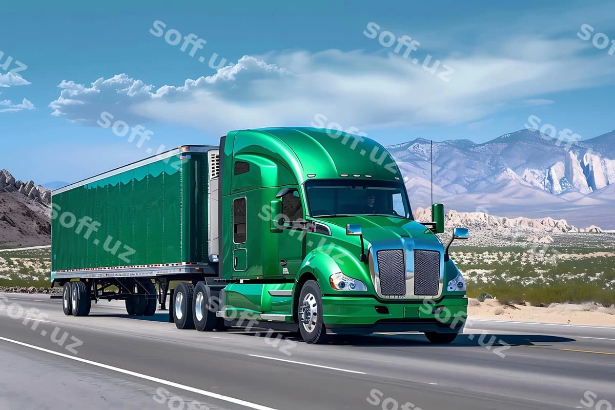 Yashil katta polupovoz ko'p qatlamli avtomagistral | Green big semi truck multiline highway