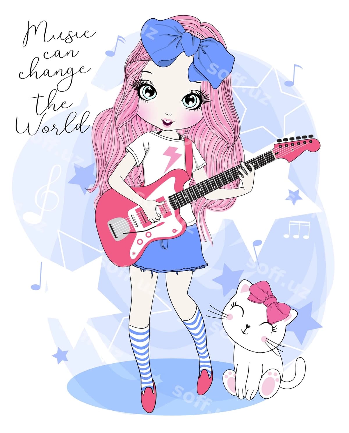 Qo'l bilan chizilgan gozal qiz gitar oyniyotgan | Hand drawn cute girl playing guitar