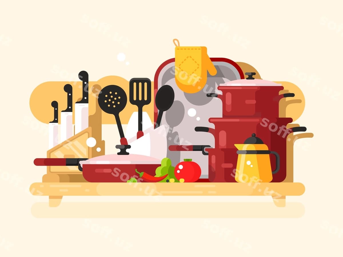 Oshxona idishlari dizayni tekis | Kitchen dishes design flat