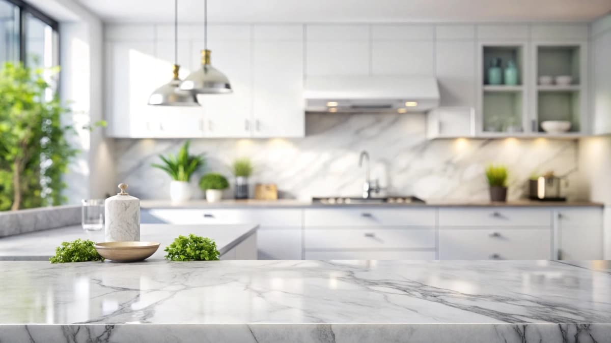 Marmar stol usti kosa ko'katlari bilan oshxona | Kitchen with marble counter top bowl greens