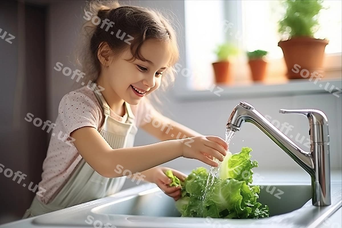 Kichik qiz sabziylarni chongda yuvadi. | Little girl washing vegetables sink