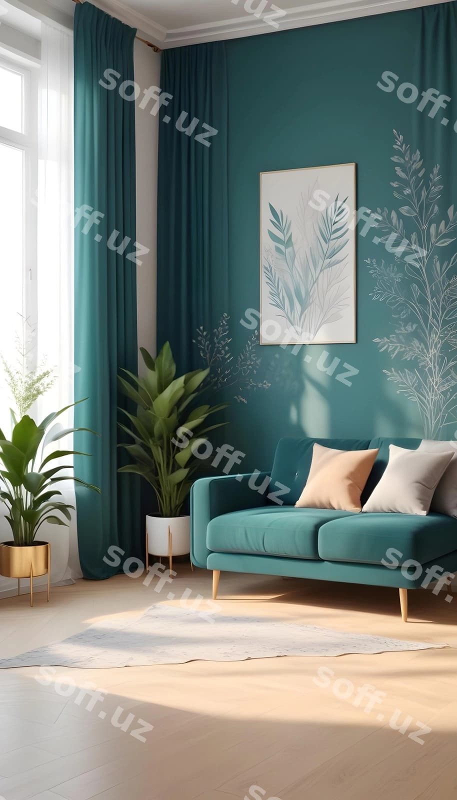 Yashil uy, ko'k divan, chojiya devori | Living room with blue couch plant wall