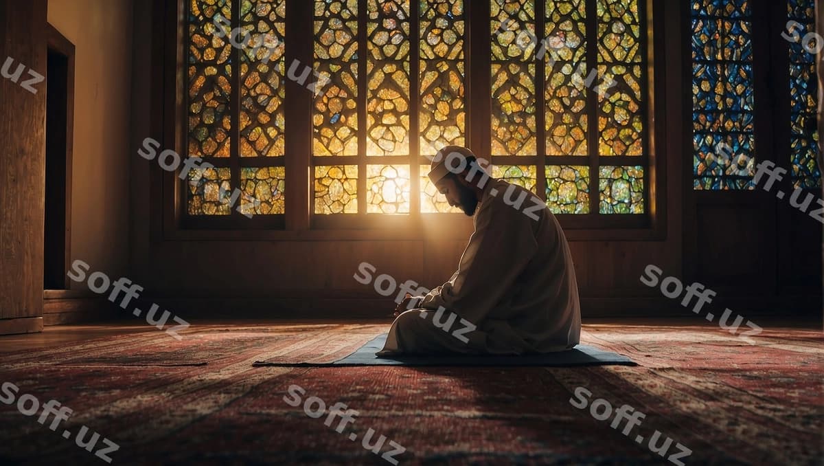 Erkak namoz o'qiyotgan boz bo'ron oynasining oldida | Man praying front stained glass window