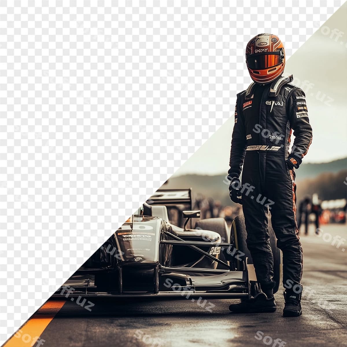 Men birinchi qatordagi racesuitlarning oldida turaman | Man race suit stands front row cars
