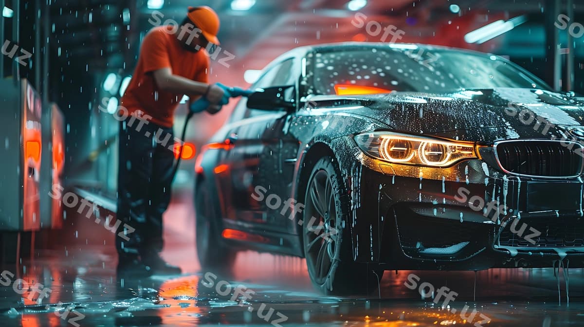Er yomg'irda mashinasini yuvmoqda. | Man washing his car rain