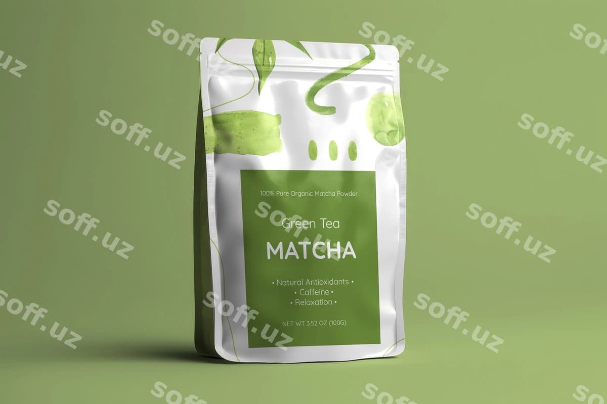 Matcha choy pouch mockup dizayni | Matcha tea pouch mockup design