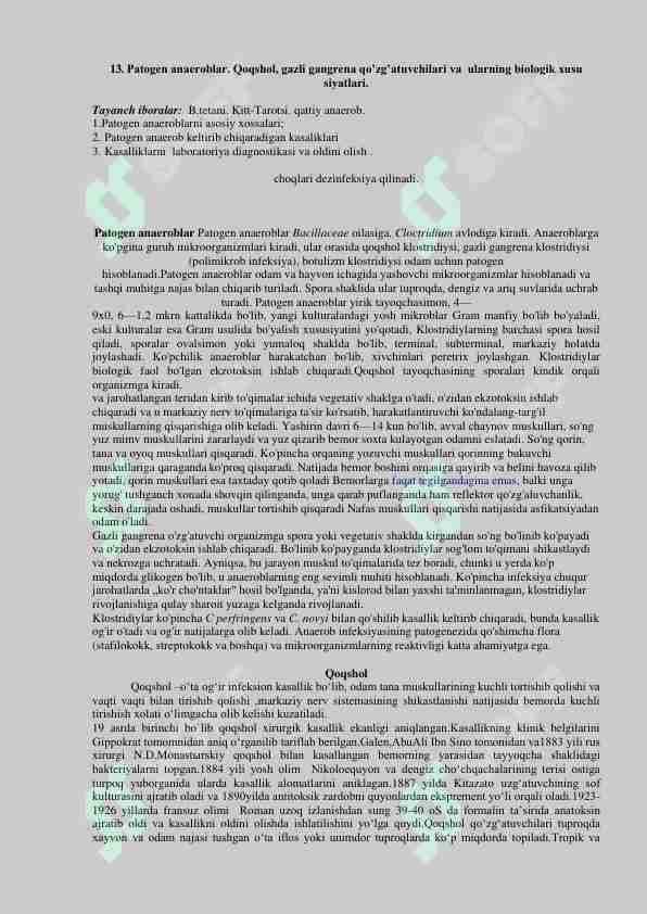 Patogen anaeroblar. Qoqshol, gazli gangrena