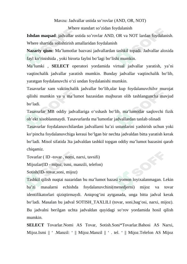 Jadvallar ustida so'rovlar . Where standart so'zidan foydalanish