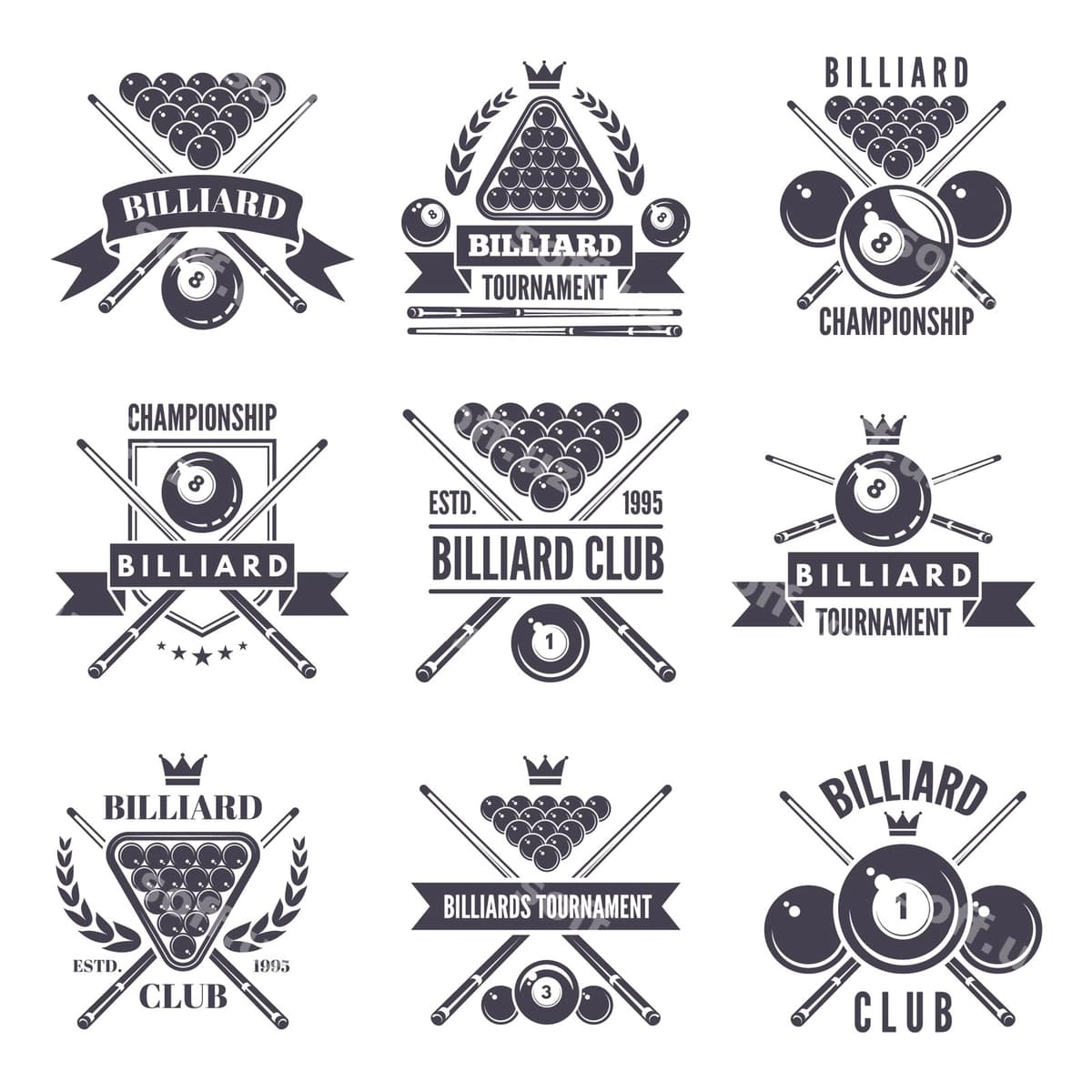 Monokrom etiketlar logotiplari billiard klubi | Monochrome labels logos billiard club