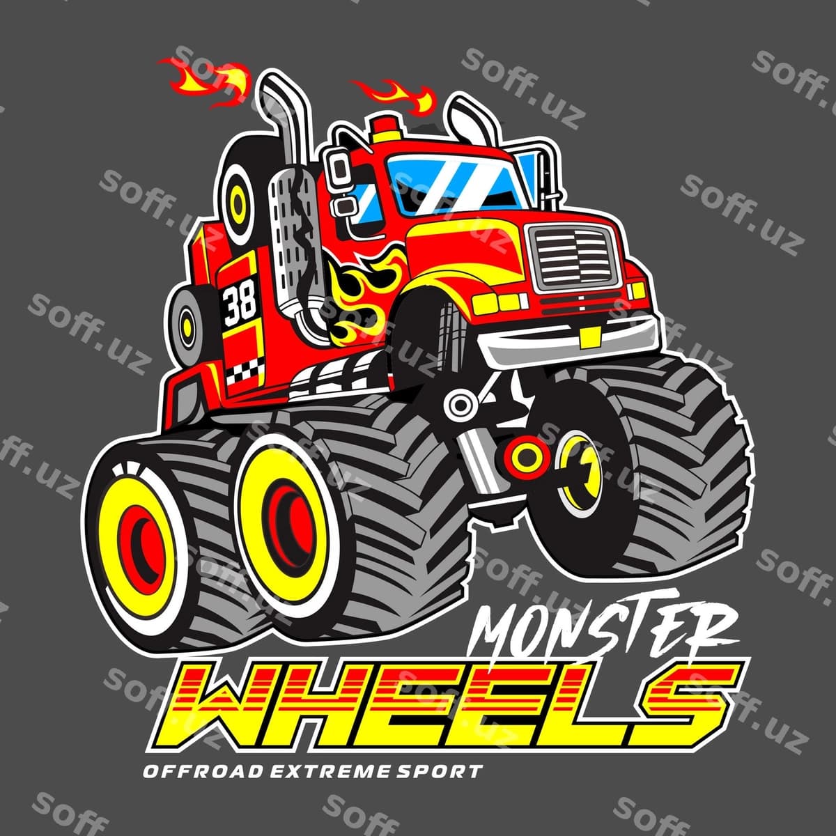Mons yuk avtomobili ki mons g'ildiraklari deb aytadi. | Monster truck that says monster wheels it
