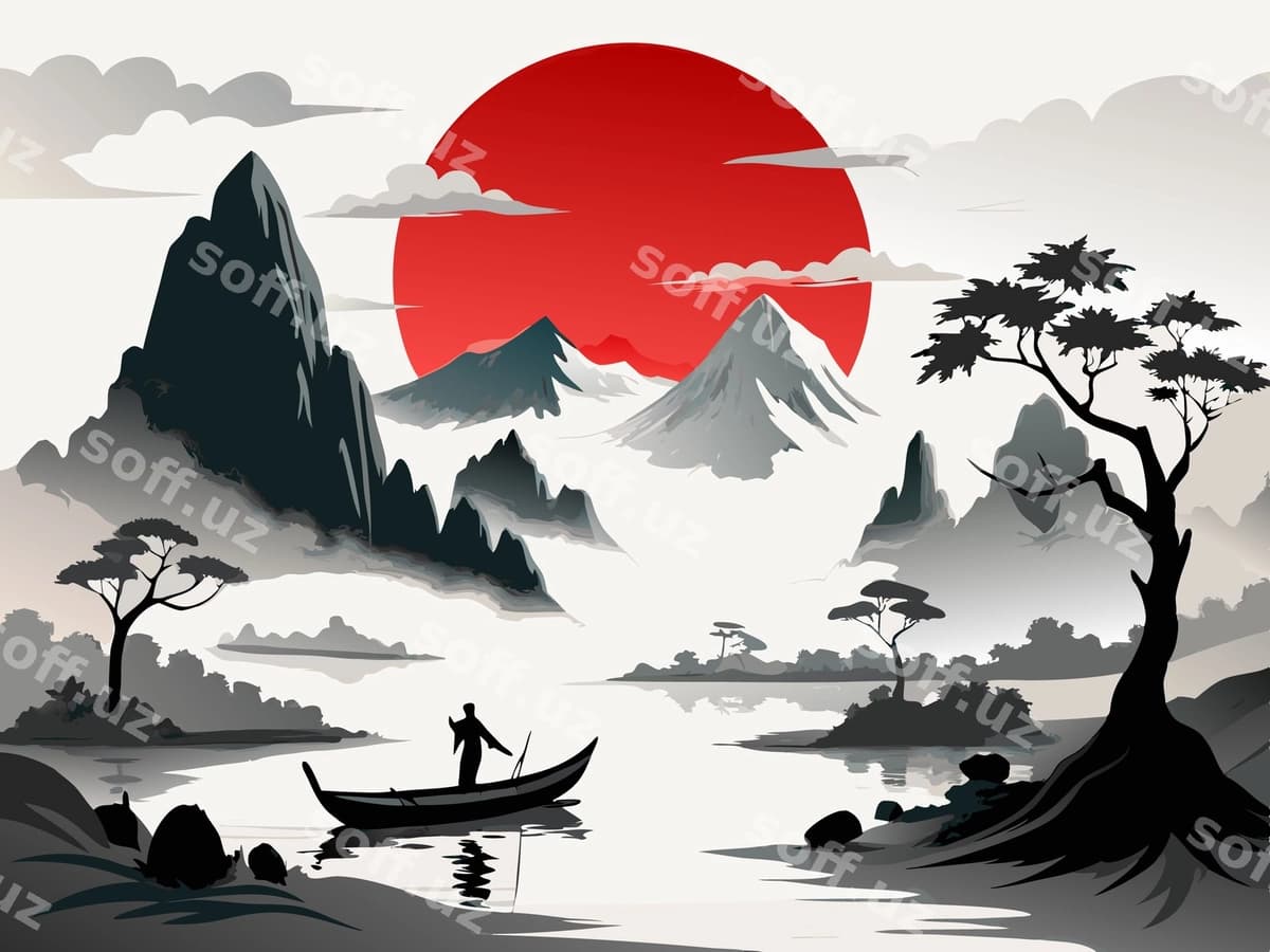 To'pka manzara qizil quyosh inson qayiq | Mountain landscape with red sun man boat