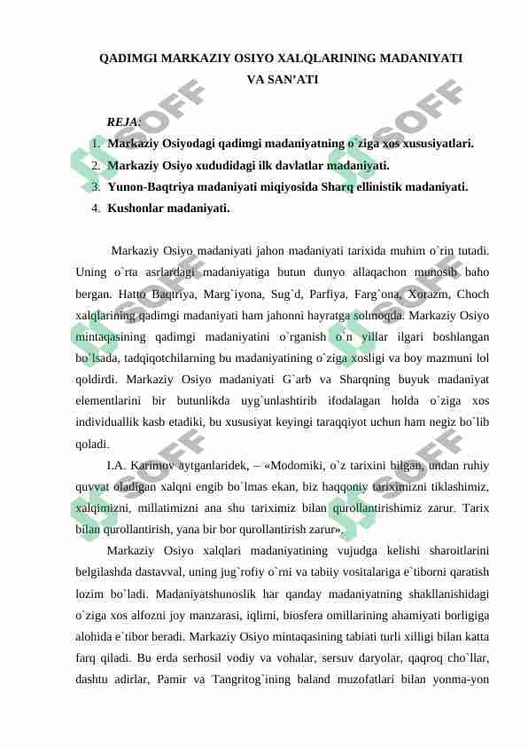 QADIMGI MARKAZIY OSIYO XALQLARINING MADANIYATI  VA SAN’ATI