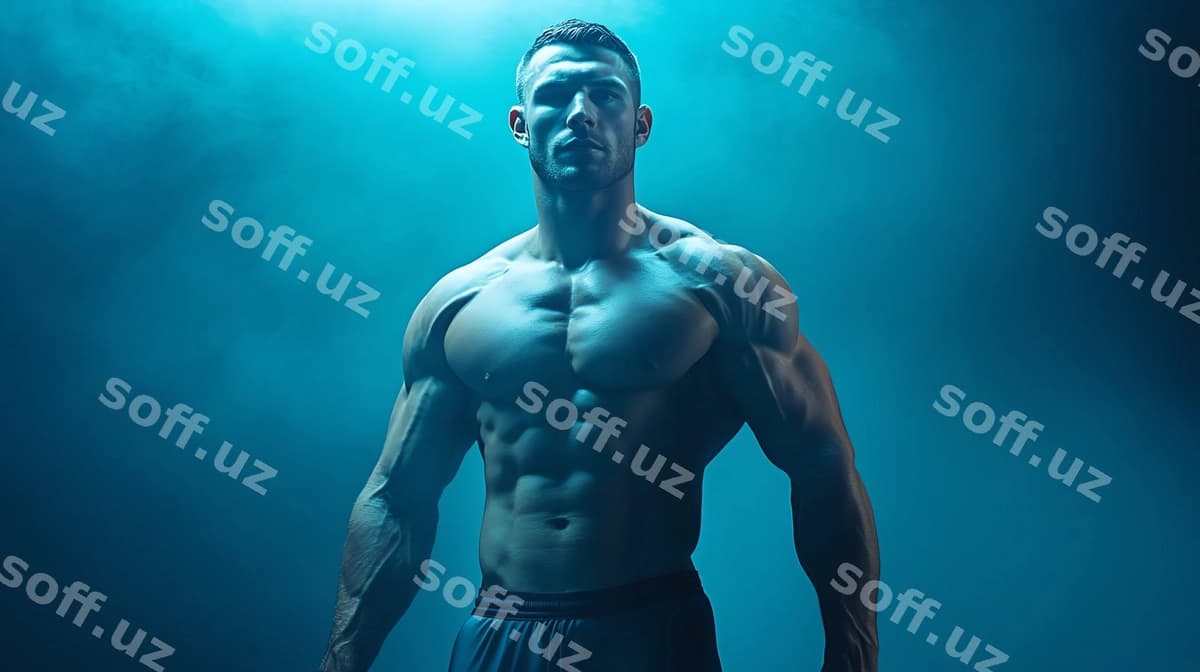 Kuchli erkak ko'k fon oldida turibdi. | Muscular man stands front blue background
