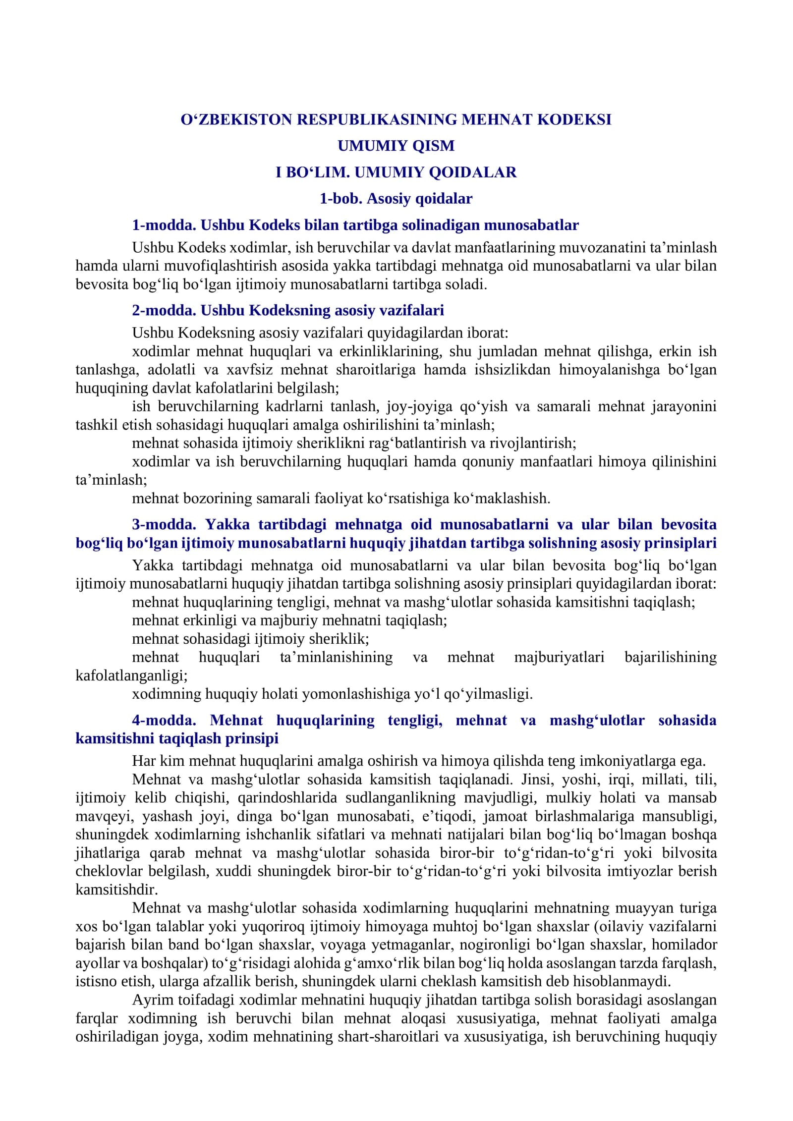 O‘ZBEKISTON RESPUBLIKASINING MEHNAT KODEKSI