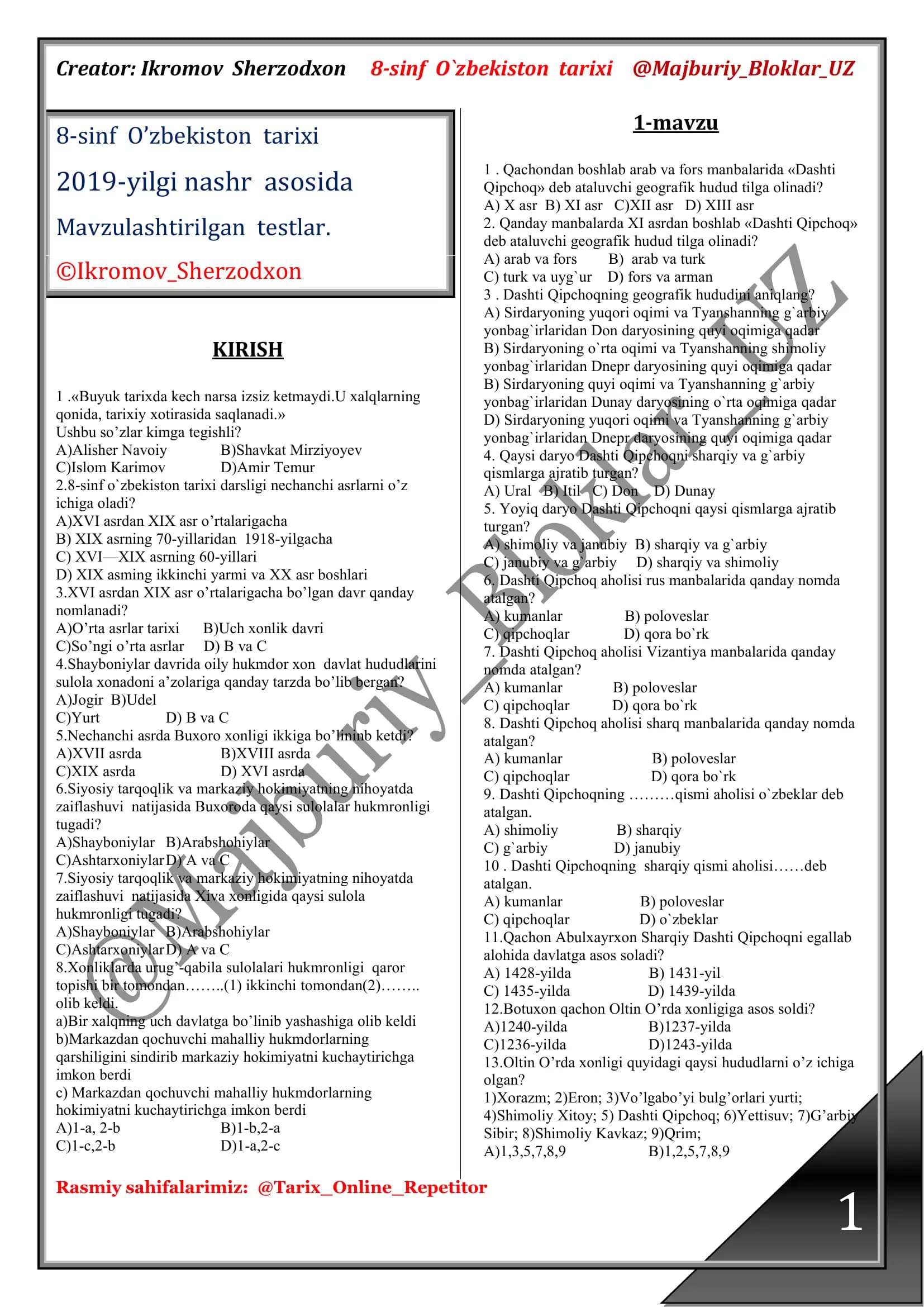 8-sinf O`zbekiston tarixi
