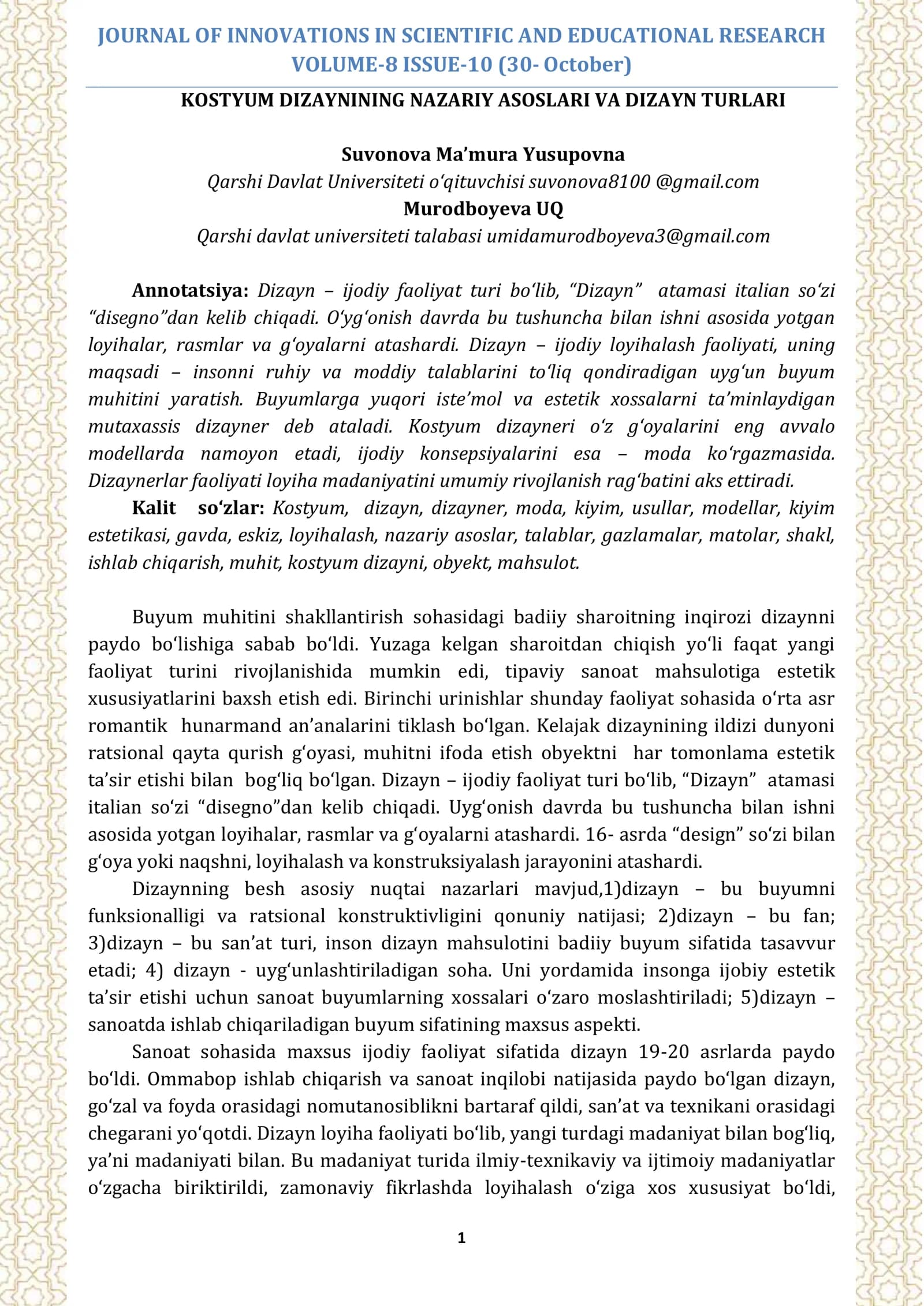 KOSTYUM DIZAYNINING NAZARIY ASOSLARI VA DIZAYN TURLARI