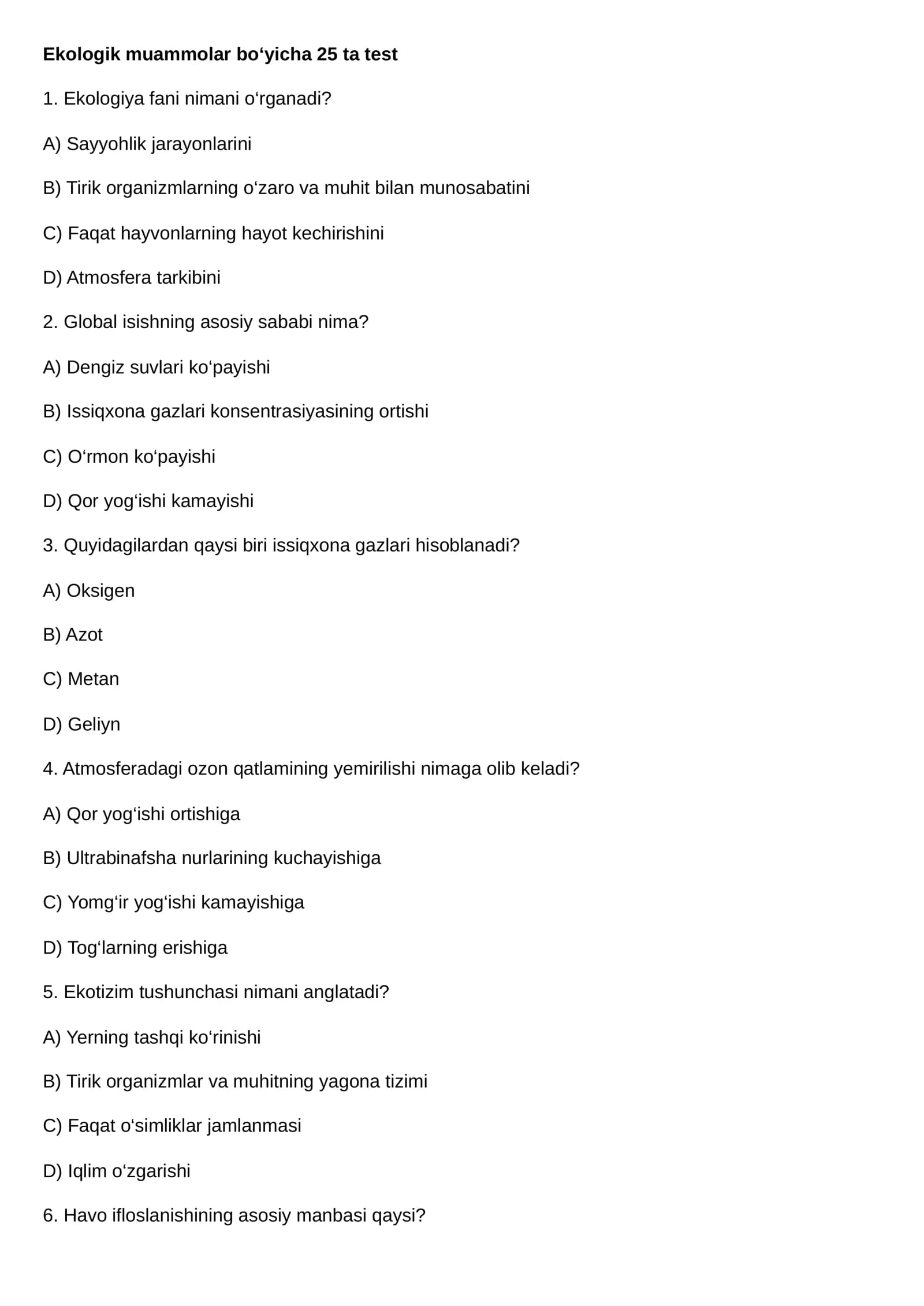 Ekologik muammolar bo‘yicha 25 ta test