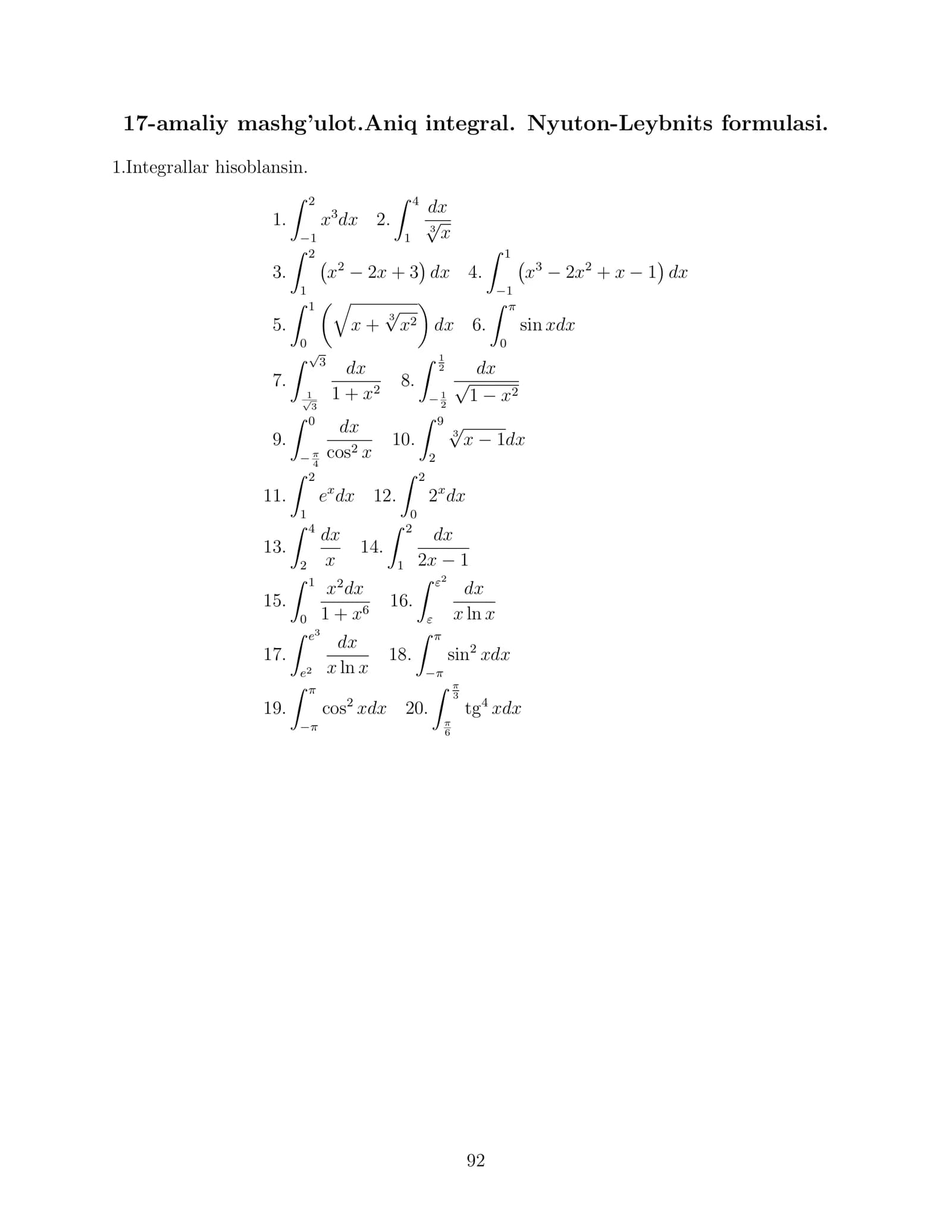 17-amaliy mashg’ulot.Aniq integral. Nyuton-Leybnits formulasi