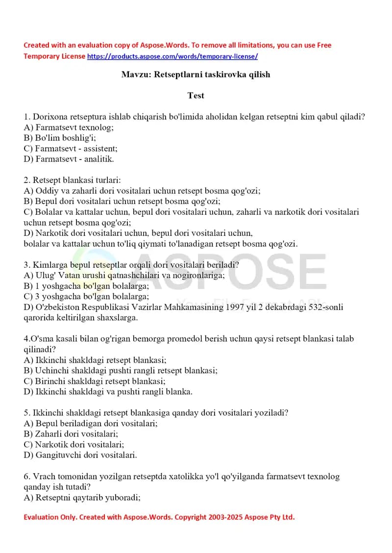7. Retseptlarni taskirovka qilish. Test 20 ta javobi bilan.