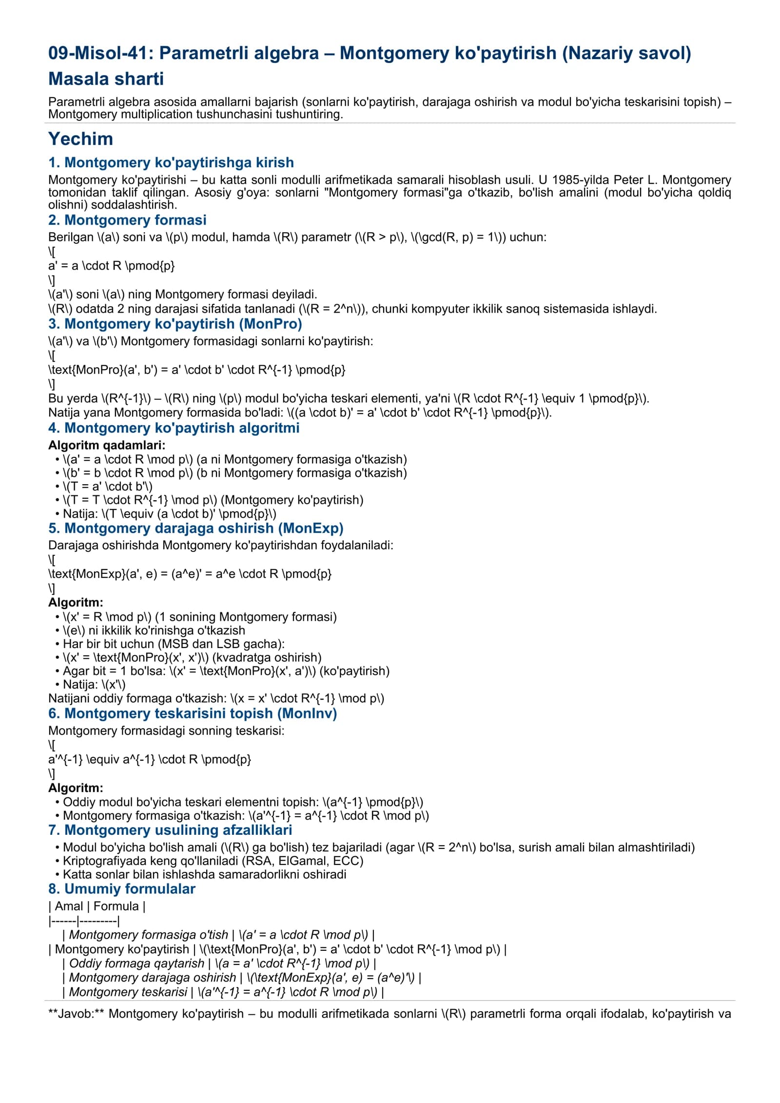 Parametrli algebra – Montgomery ko'paytirish (Nazariy savol)