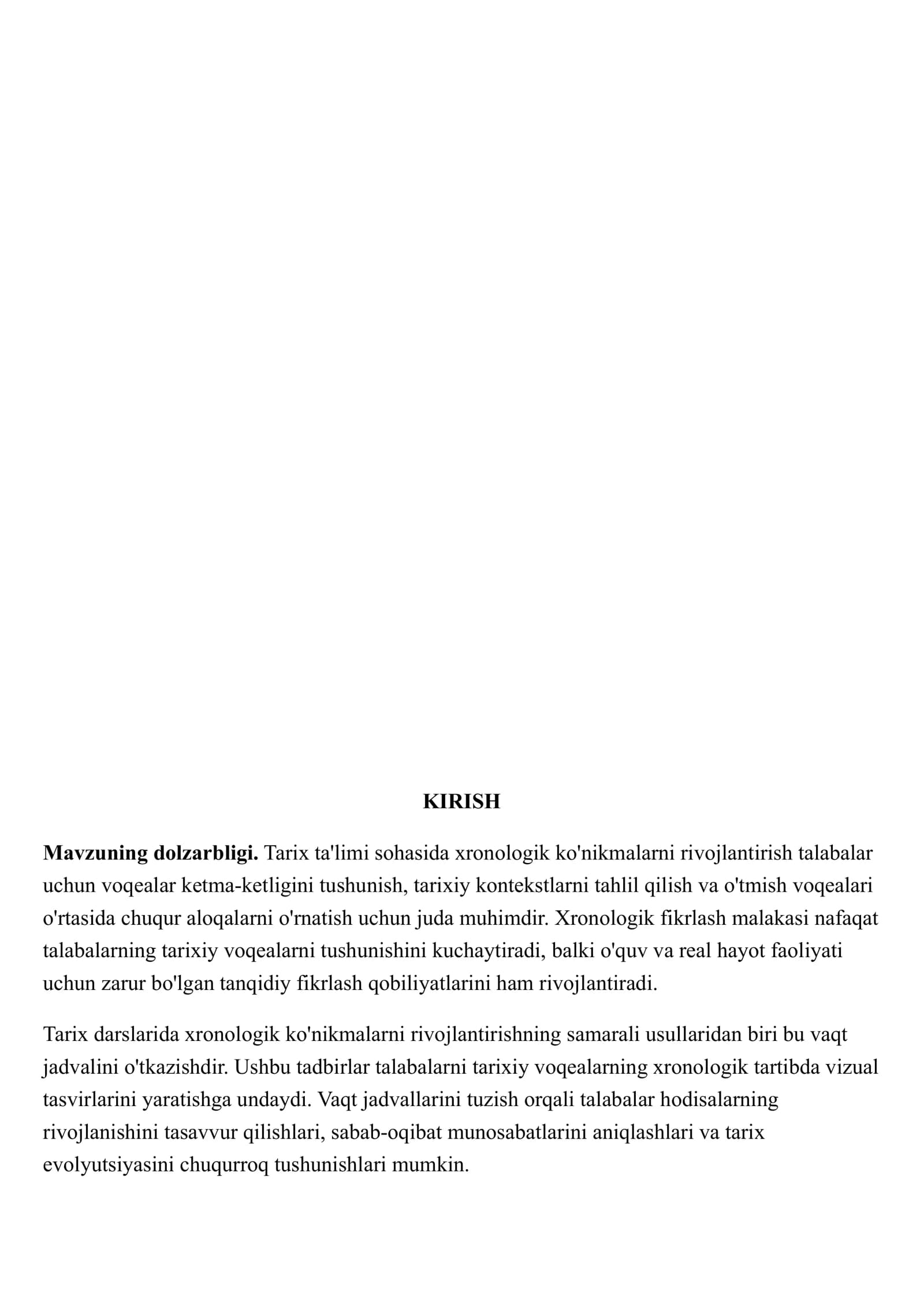 Tarix ta'limi sohasida xronologik ko'nikmalarni rivojlantirish