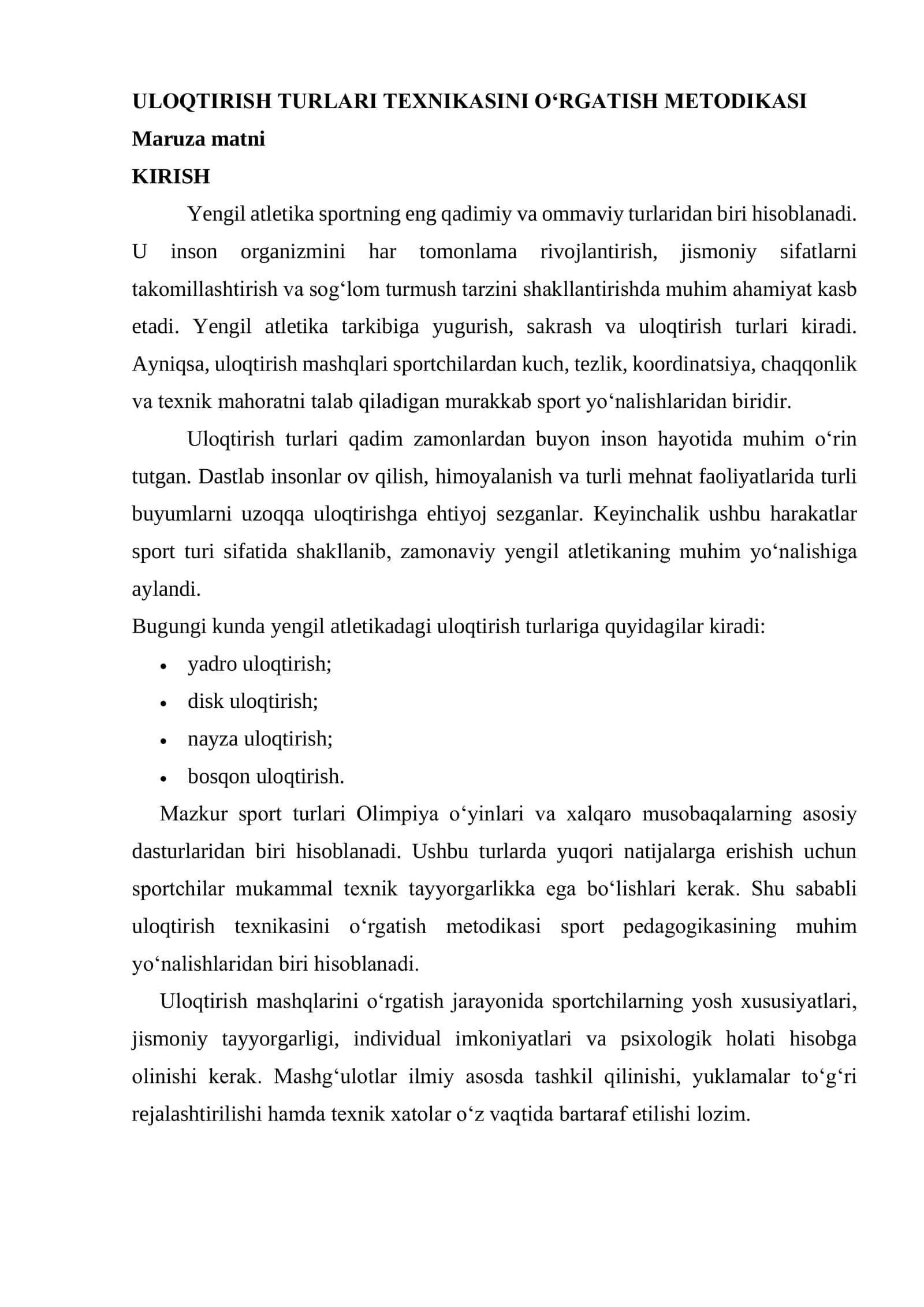 ULOQTIRISH TURLARI TEXNIKASINI O‘RGATISH METODIKASI