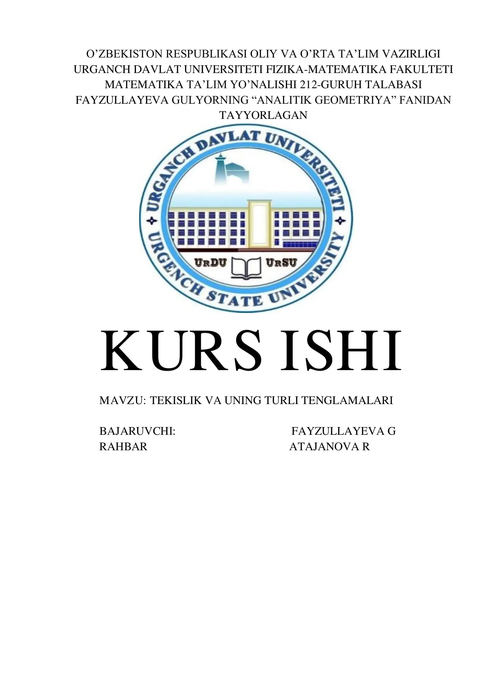 TEKISLIK VA UNING TURLI TENGLAMALARI
