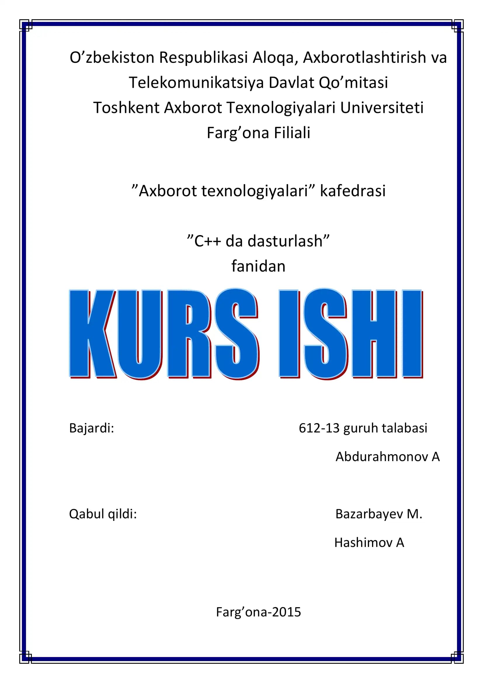 Texnik xizmat axborot tizimi elementini yaratish