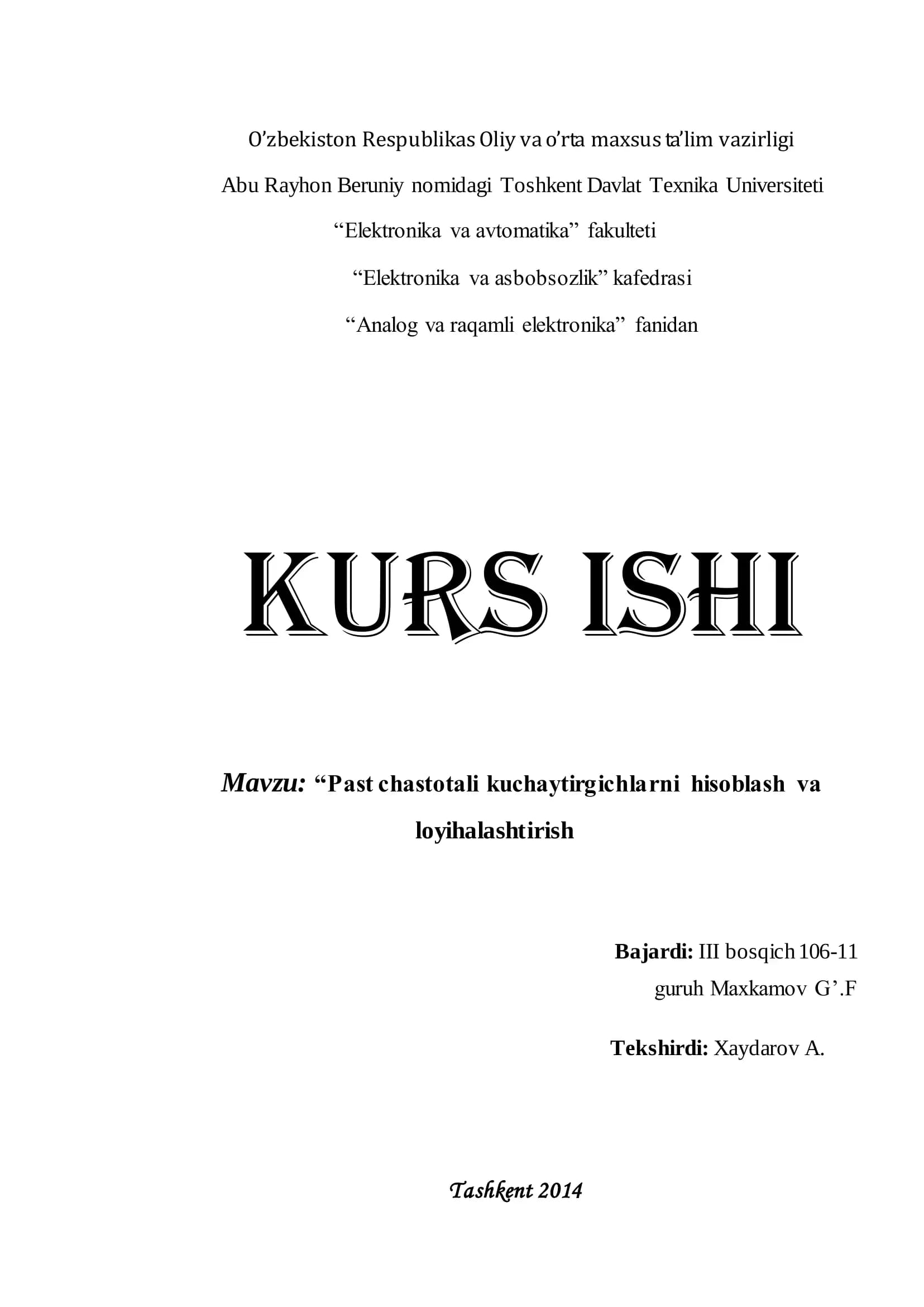 Past chastotali kuchaytirgichlarni hisoblash va loyihalashtirish