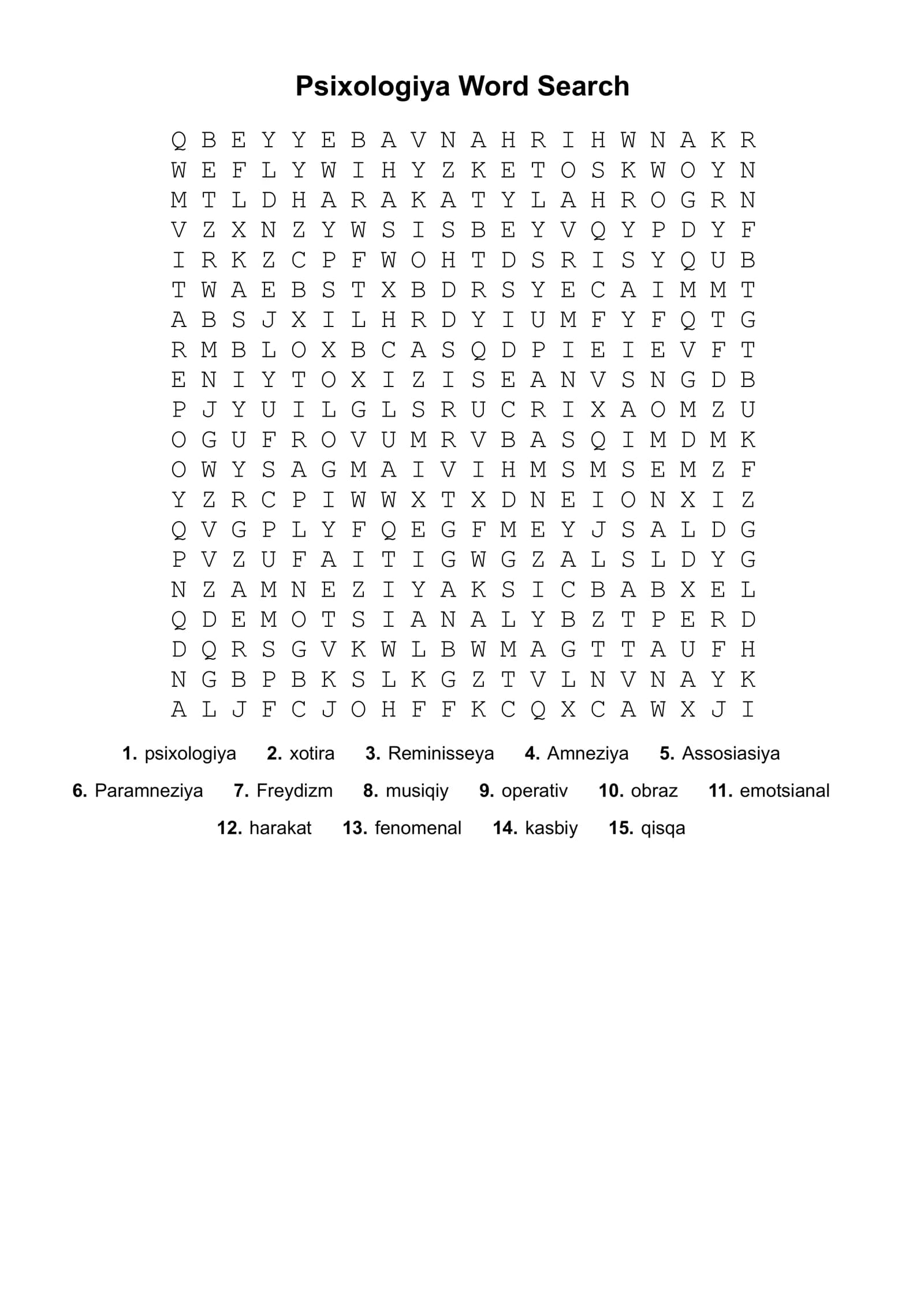 xotira Psixologiyasi Word Search