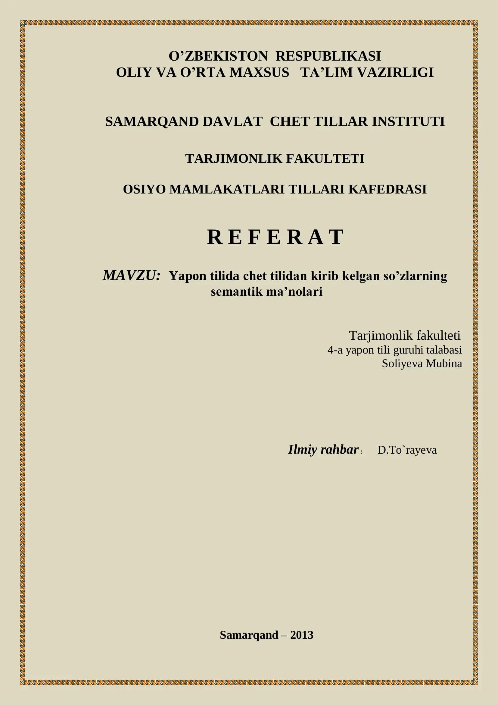 Yapon tilida chet tilidan kirib kelgan so’zlarning semantik ma’nolari