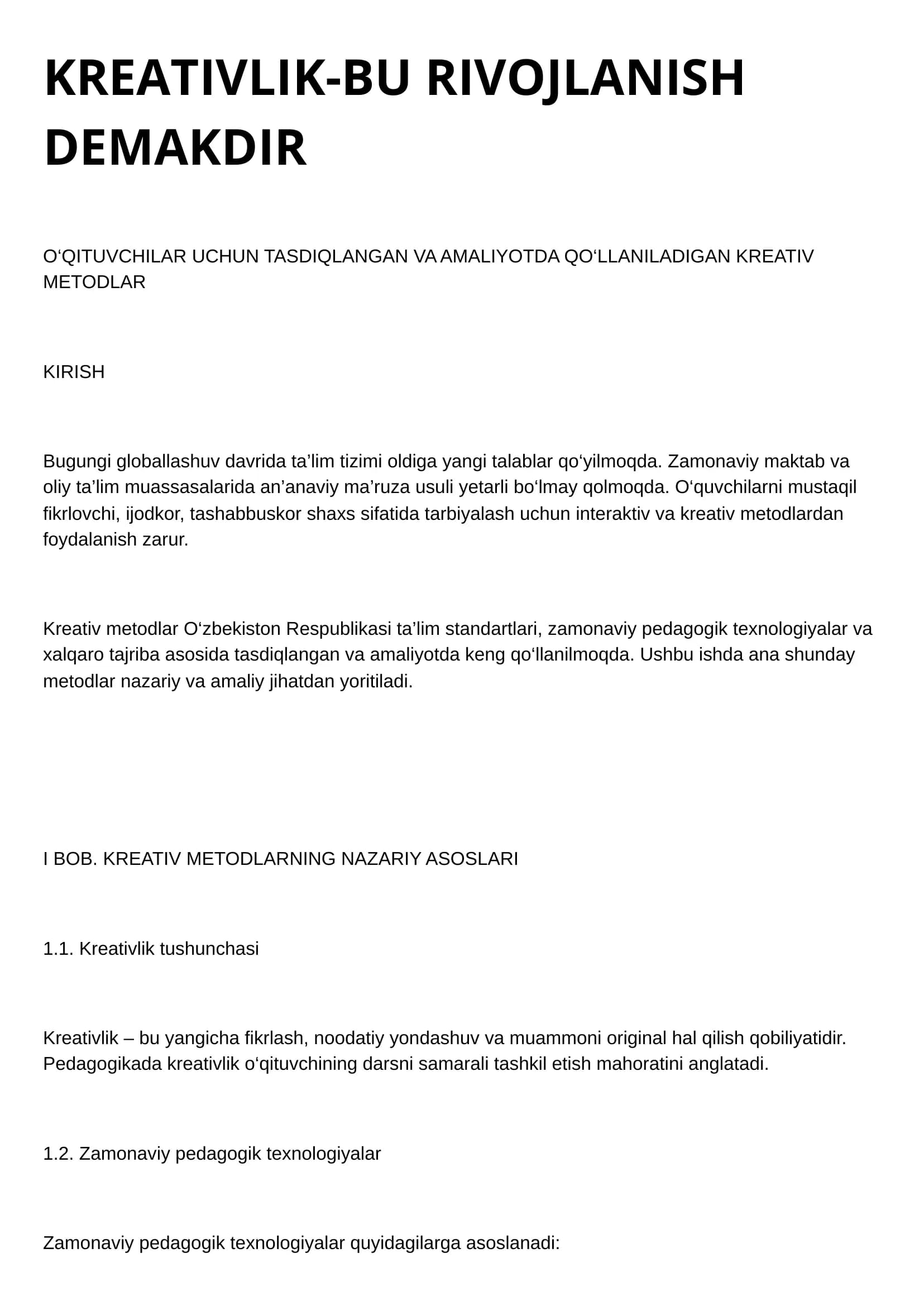 KREATIVLIK-BU RIVOJLANISH