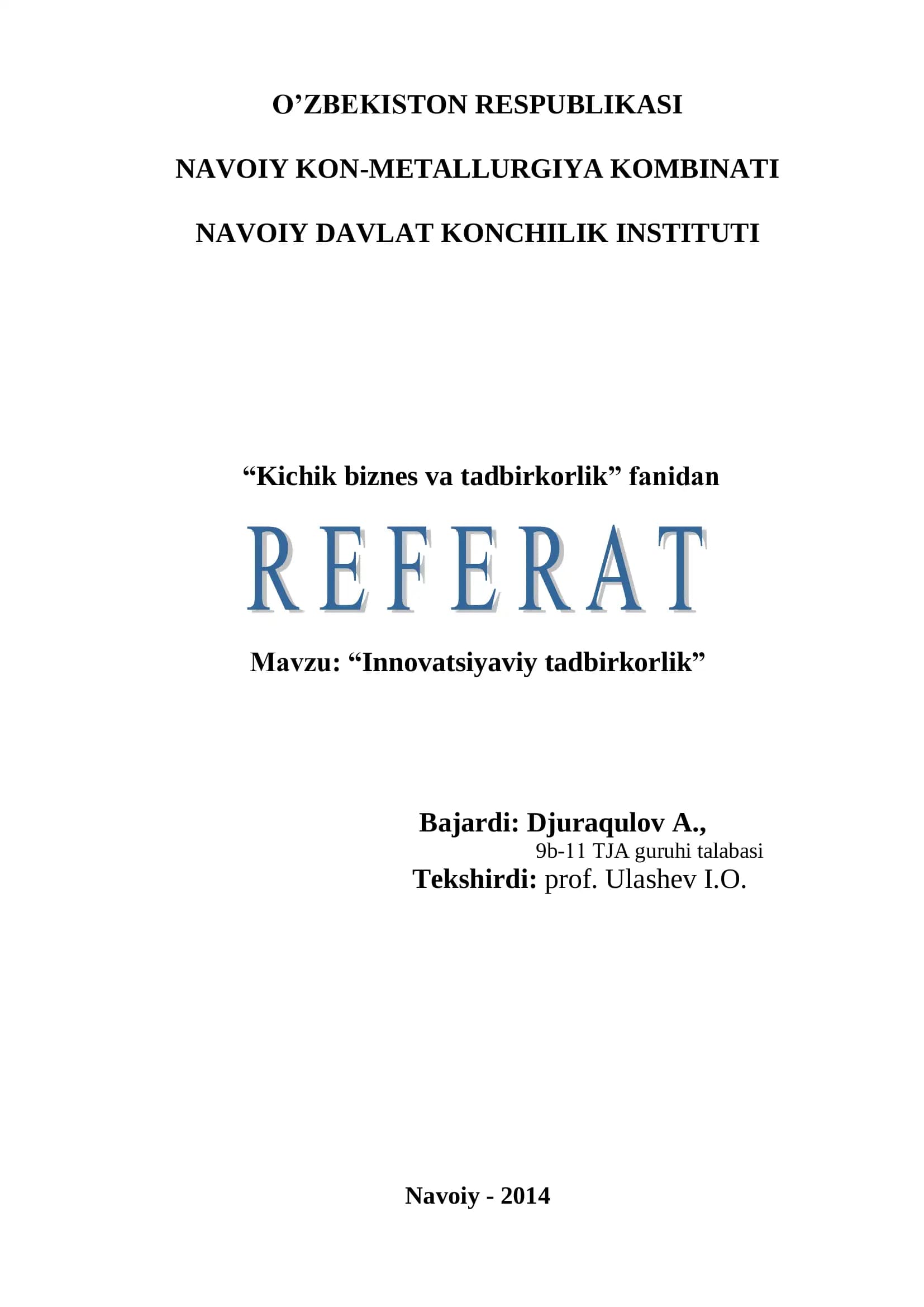 Kichik biznes va tadbirkorlik