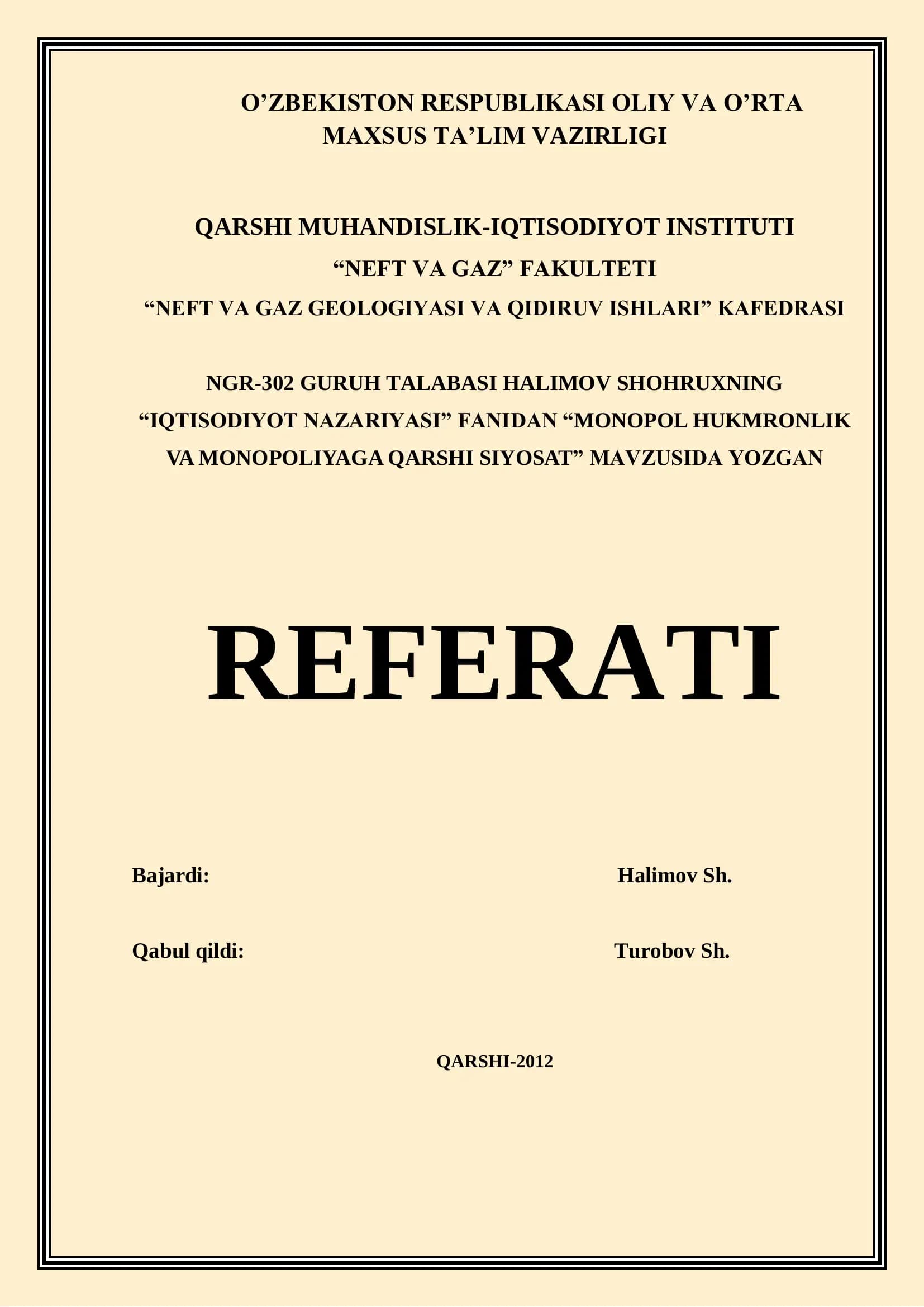 Monopol Hukmronlik va Monopoliyaga Qarshi Siyosat Referati