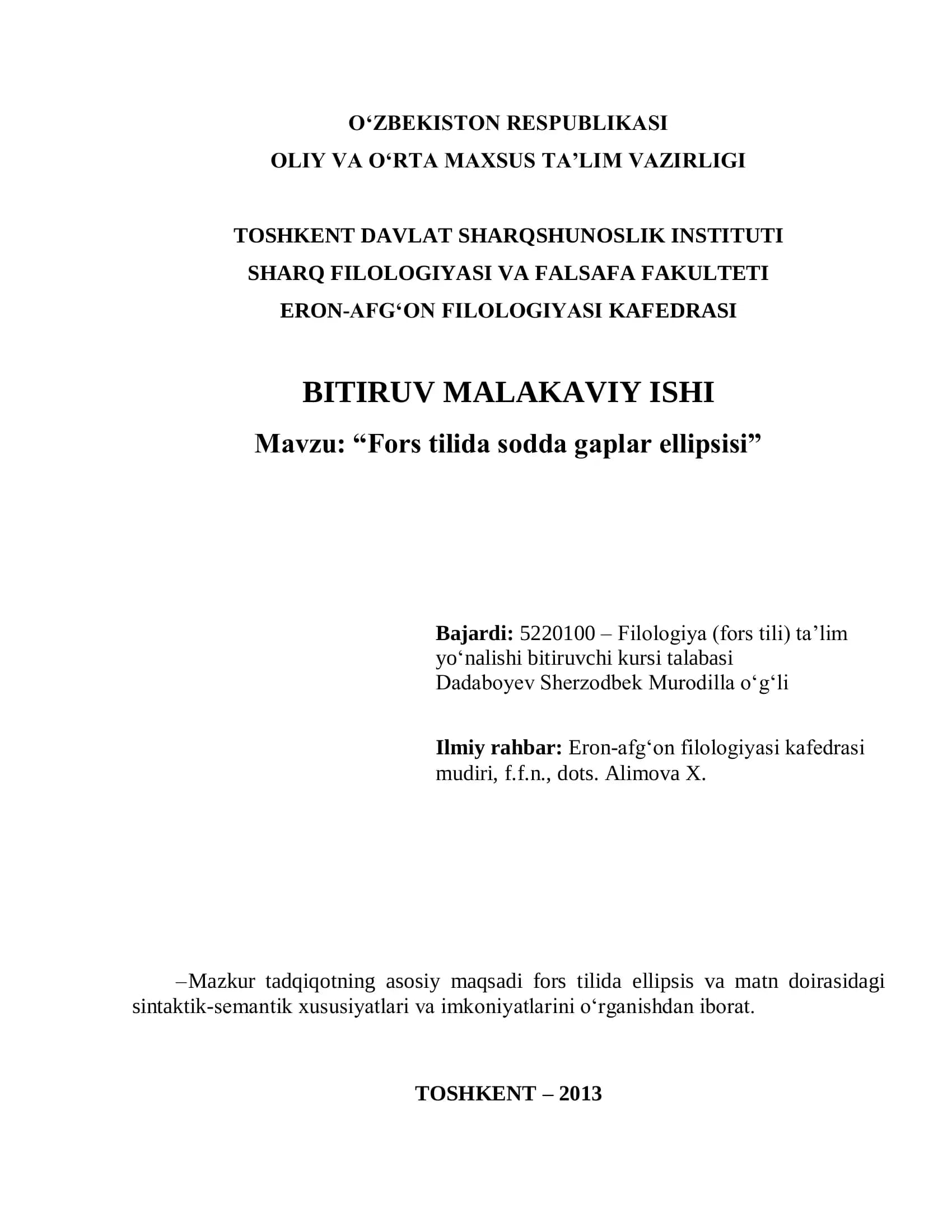 “Fors tilida sodda gaplar ellipsisi”