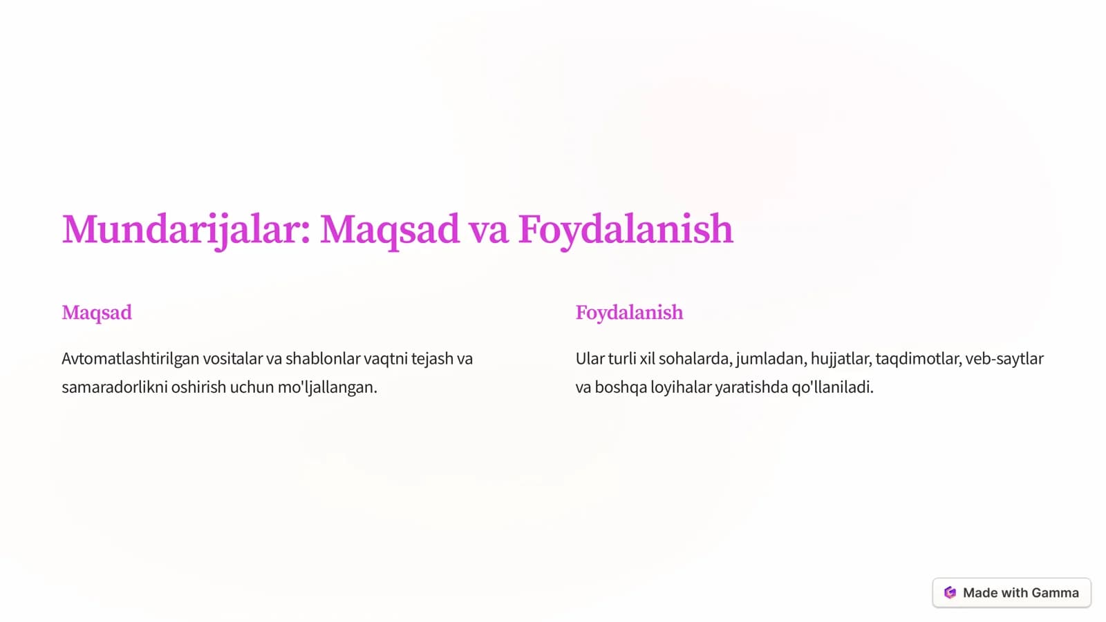 Mundarijalar: Maqsad va Foydalanish