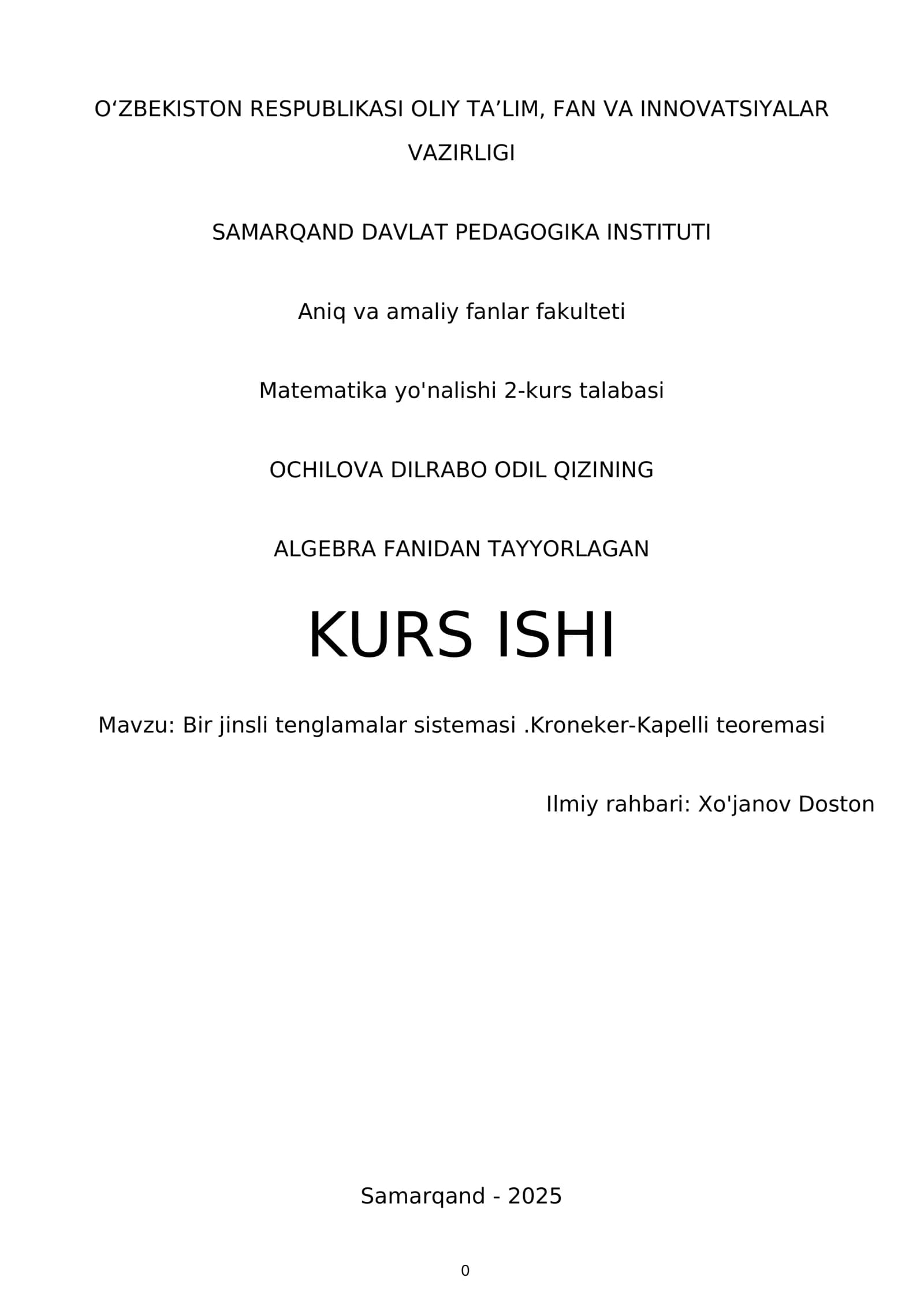 ALGEBRA Fanidan Tayyorlagan Kurs Ishi