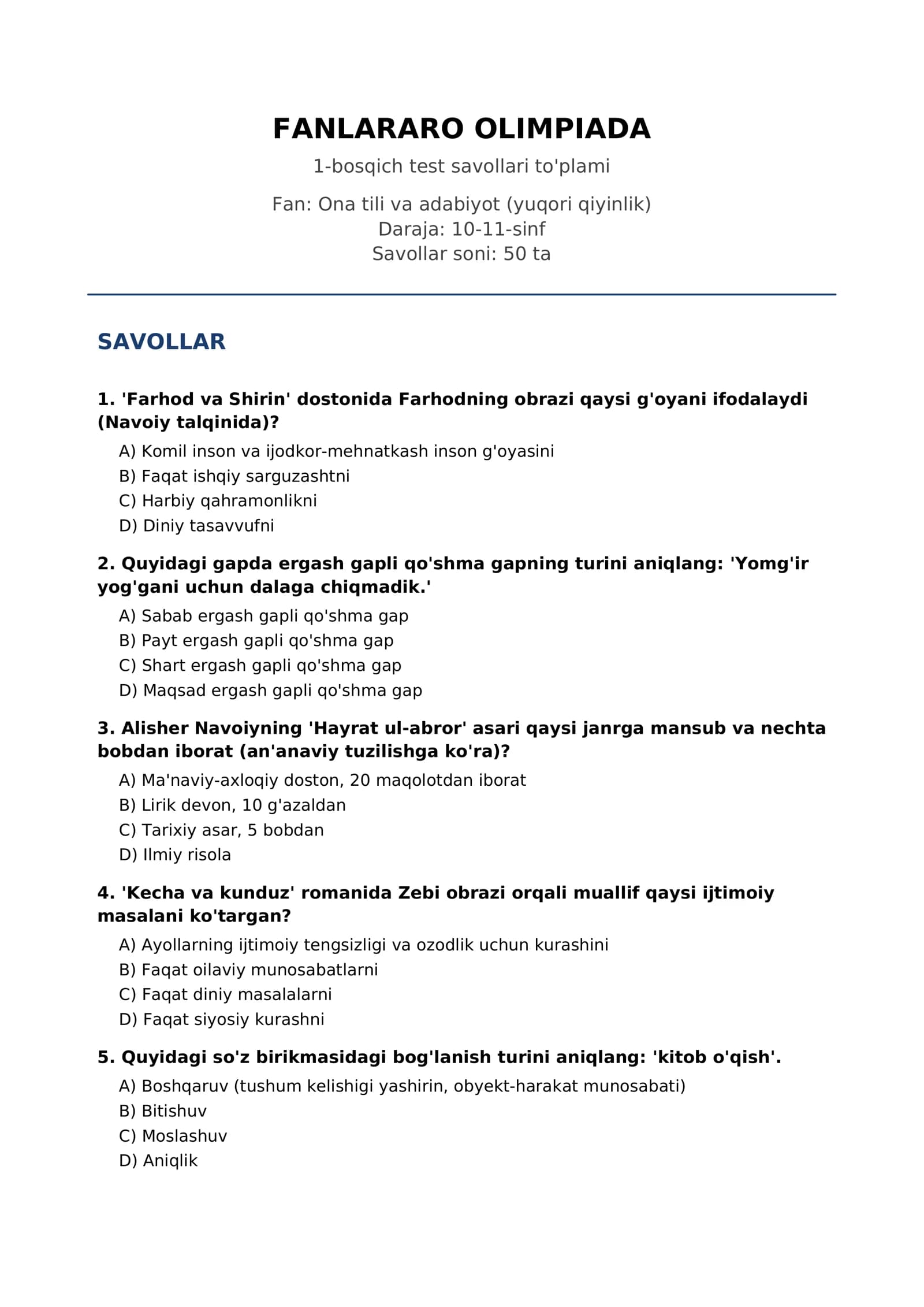 FANLARARO OLIMPIADA 1-bosqich test savollari to'plami