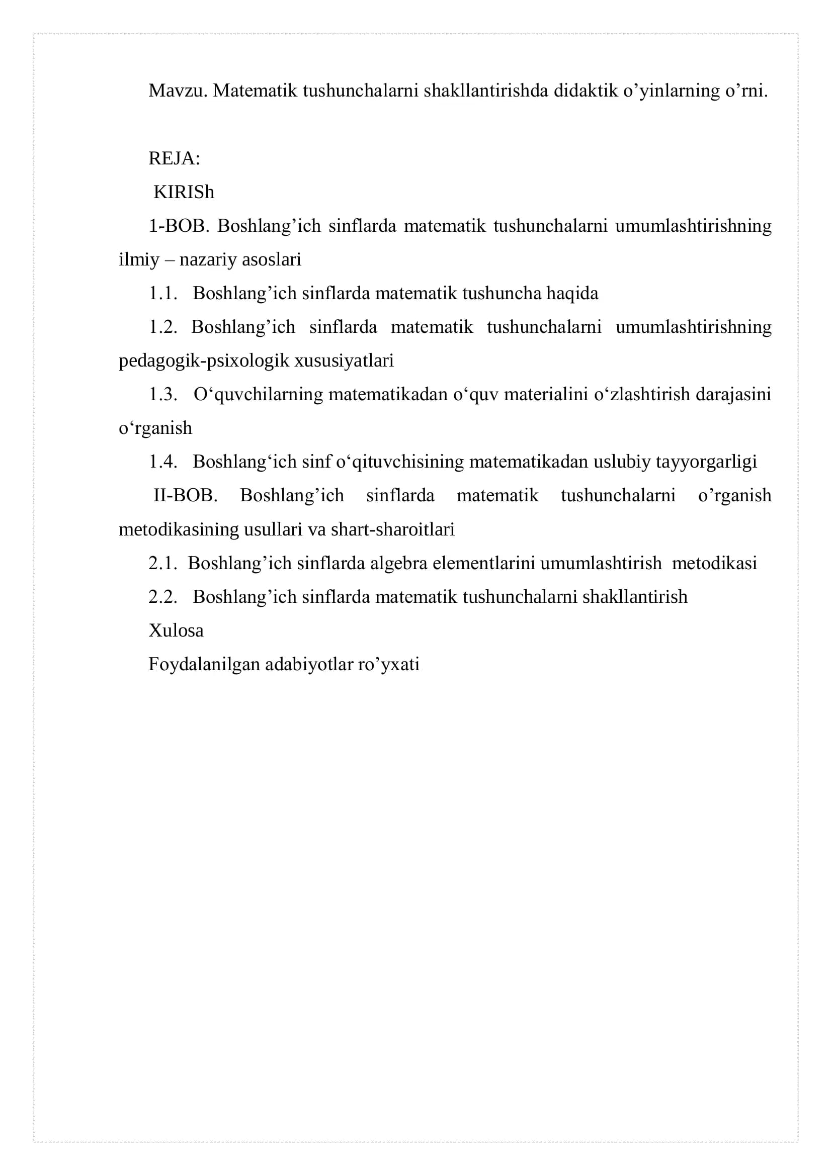 Matematik tushunchalarni shakllantirishda didaktik o’yinlarning o’rni
